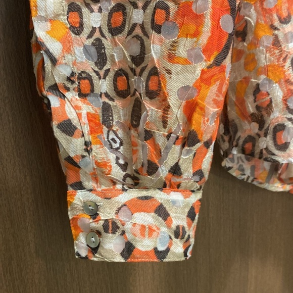Ruby Rd. Orange Abstract Button Down Top Size 14 Mesh Detail Smocked Back Waist - Picture 6 of 16